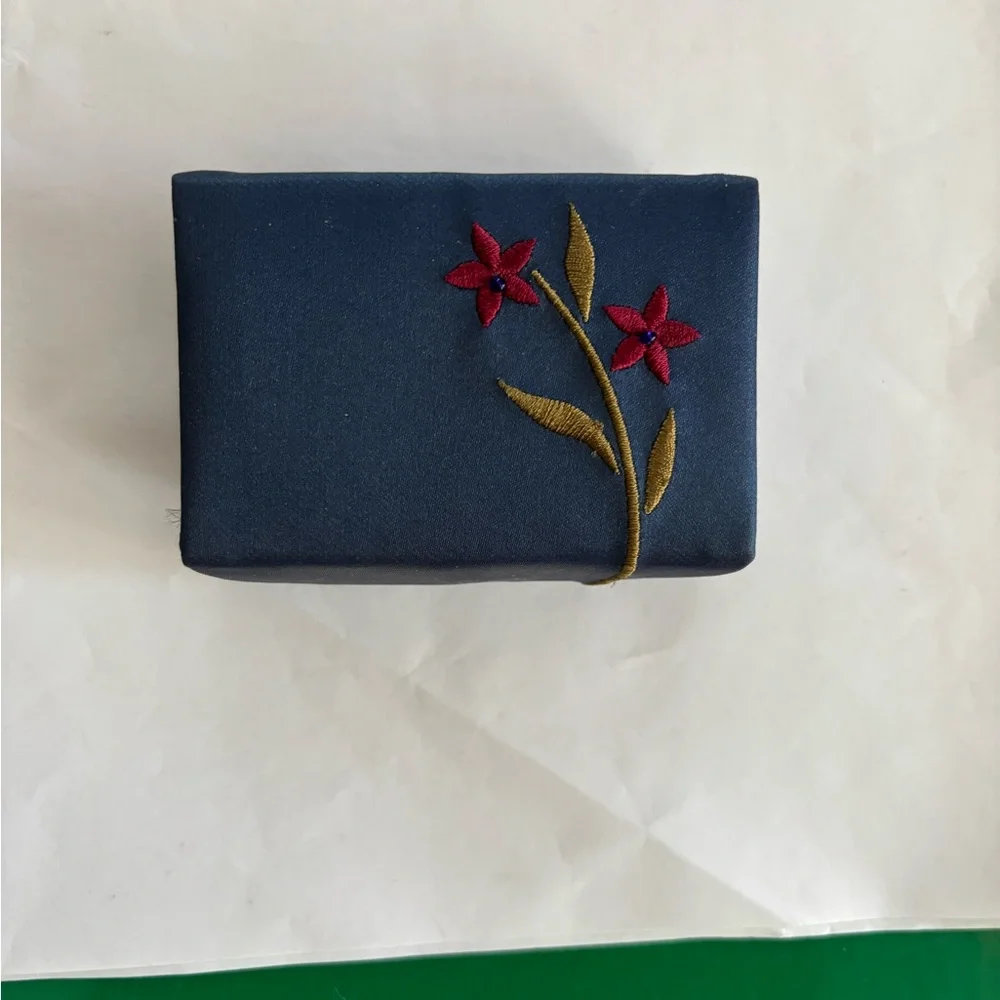 Vintage Avon Lipstick Case Floral Embroidered Navy “Classic Petite Beauty Clutch